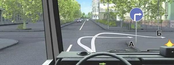 Билет №29, вопрос №8: Вам разрешено выполнить поворот направо на длинномерном транспортном средстве: