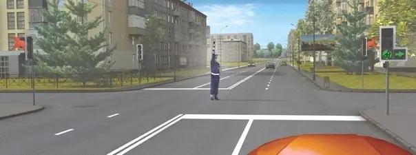 Билет №15, вопрос №6: При таких сигналах светофора и жесте регулировщика Вы должны: