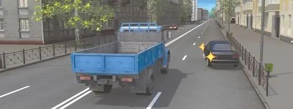 Билет №34, вопрос №8: Можно ли водителю легкового автомобиля в данной ситуации начать движение от тротуара?