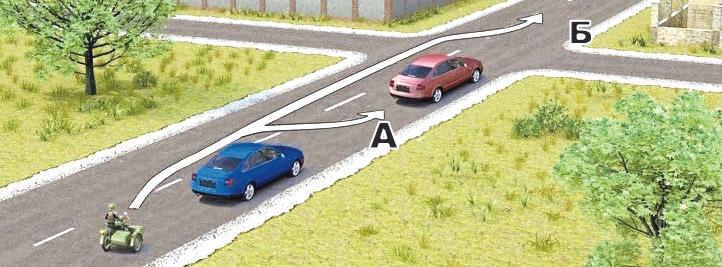 Билет №39, вопрос №11: По какой траектории водителю мотоцикла можно выполнить обгон?