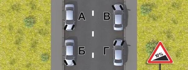 Билет №11, вопрос №19: В случае остановки на подъеме (спуске) при наличии тротуара можно предотвратить самопроизвольное скатывание автомобиля, повернув его передние колеса в положение: